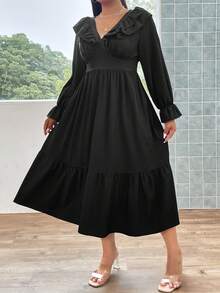 Flirla 大碼荷葉邊喇叭袖洋裝 - 黑色 - 查看 3