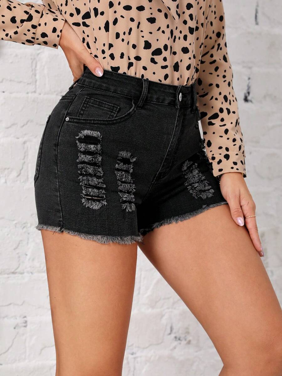 Ripped Raw Hem Denim Shorts - Black - View 1