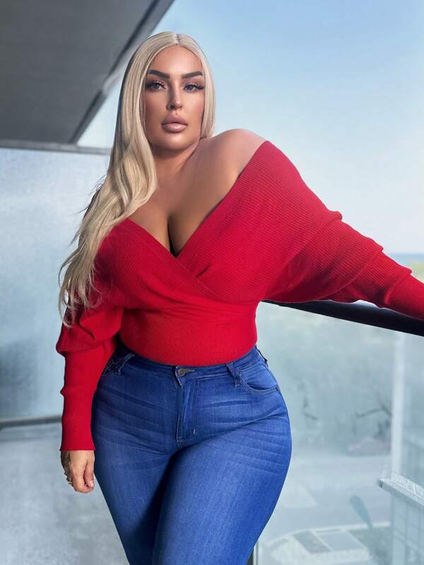 SHEIN SXY Große Größen Off-Shoulder-Wickel-Rundhals-Kreuzwickel-Pullover für Herbst/Winter