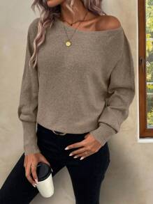 SHEIN LUNE Solid Batwing Sleeve Sweater - Brown - View 1