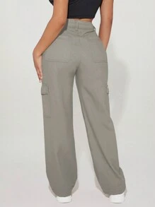 SHEIN PETITE 高腰側翻蓋口袋工裝牛仔褲 - 灰色 - 查看 2