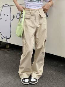 DAZY Solid Flap Pocket Side Cargo Pants - Beige - View 3