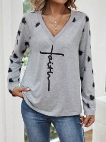 SHEIN LUNE 愛心和字母圖案插肩袖T恤 - 淺灰色 - 查看 3