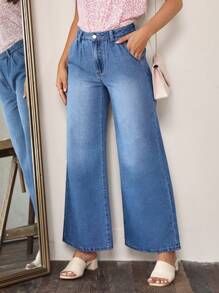 SHEIN LUNE 闊腿牛仔褲 - 中等水洗藍 - 查看 5