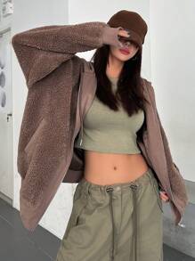 DAZY 拉鍊落肩抽繩連帽泰迪夾克 - 棕色 - 查看 3