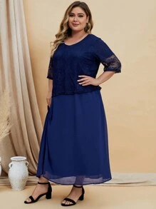 EMERY ROSE Plus Contrast Lace Dress - Navy Blue - View 3
