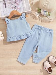 蕾絲拼接 荷葉邊水果蔬菜圖案嬰童（女）牛仔 - 淺色水洗藍 - 查看 2