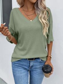 SHEIN LUNE Solid Drop Shoulder Waffle Knit Tee - Green - View 6