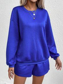 SHEIN LUNE Shorts con sudadera unicolor de hombros caídos - Azul - Ver 3