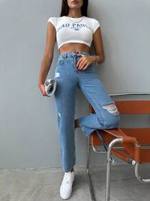 Cottnline High Waist Ripped Straight Leg Jeans - Blue - View 4