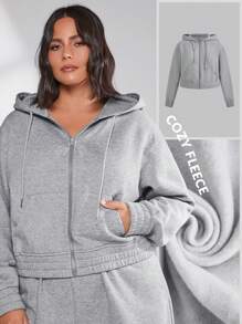 SHEIN BASICS Plus Size Cozy Fleece Zip Up Drawstring Sweatshirt - Light Grey - View 1