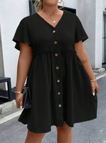 Vionelle Plus Button Front Frill Trim Dress - Black - View 4