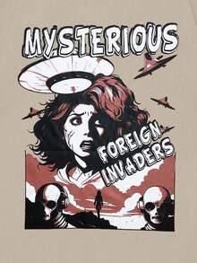 ROMWE MEN Street Life Nam Lá thư Con số & Đồ họa đầu lâu Áo thun - Màu Khaki - Xem 4