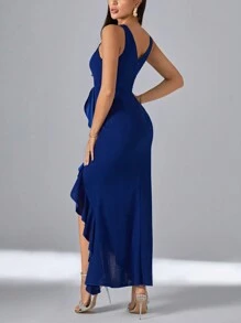 SHEIN Unity Vestido ribete con fruncido bajo asimétrico - azul real - Ver 2