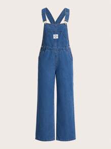 SHEIN EZwear Patched Pocket Denim Overalls Without Tee - Medium Wash - View 1