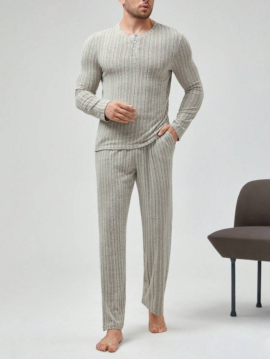 Men Button Front Tee & Pants Lounge Set - Apricot - View 1