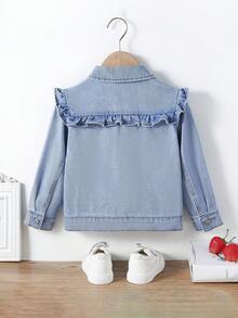 Young Girl 1pc Cherry Embroidery Ruffle Trim Denim Jacket - Light Wash - View 2