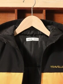 SHEIN Tween Boy Embroidery Letter Pattern Ombre Hooded Padded Coat - Black - View 4