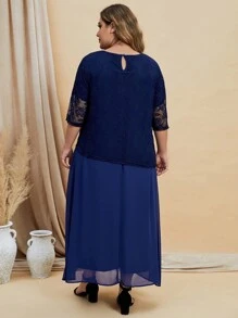 EMERY ROSE Plus Contrast Lace Dress - Navy Blue - View 2