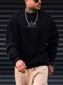 GENTILAND Men Plus Letter Mountain Graphic Sweatshirt - Black - View 5