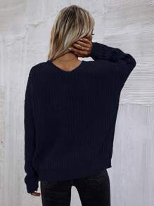 SHEIN LUNE 素色落肩袖V領套頭毛衣 - 藏蓝色 - 查看 2
