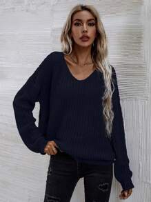 SHEIN LUNE 素色落肩袖V領套頭毛衣 - 藏蓝色 - 查看 3