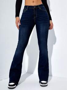 Jeanoix Slant Pocket Flare Leg Jeans Y2k - Dark Wash - View 4