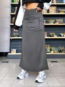 SHEIN EZwear Túi có nắp Thêm dài Váy - Màu xám đen - Xem 4