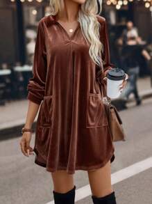 SHEIN LUNE Dual Pocket Roll Tab Sleeve Velvet Dress - Brown - View 1