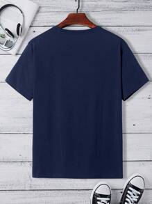 男士卡通貓圖案T恤 - 藍色 - 查看 2