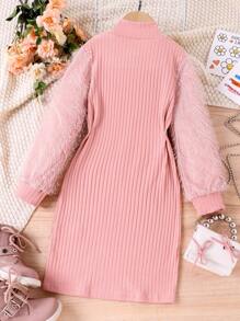 SHEIN 女大童拼接毛茸茸袖小高領T恤連衣裙 - 粉色 - 查看 2