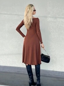 SHEIN Essnce Vestido unicolor ribete en forma de lechuga girante delantero - Marrón Chocolate - Ver 2