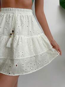 Cottnline Eyelet Embroidery Tassel Detail Layered Skirt - White - View 5
