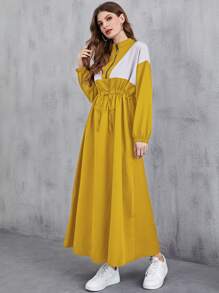 Mulvari Colorblock Drawstring Waist Drop Shoulder Dress - Yellow - View 5