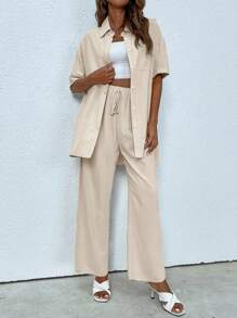 INAWLY Bộ đồ hai mảnh nữ Thắt nút Túi Nút phía trước màu trơn Giải trí - Màu be - Xem 4