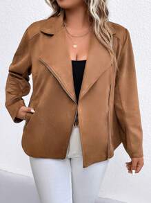 SHEIN Unity Plus Lapel Neck Zip Up Jacket - Khaki - View 4