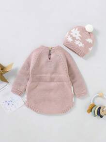 Baby Girl Floral Pattern Raglan Sleeve Knit Bodysuit & Hat - Pink - View 2