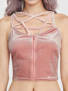 ROMWE Goth Solid Zip Up Velvet Cami Top - Pink - View 2
