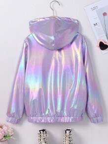 Tween dziewczynka Holograficzne Podszyte pluszem Z Kapturem Metaliczny Kurtki