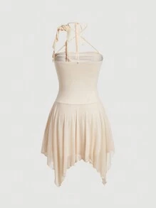 SHEIN MOD Ruched Asymmetrical Hem Mesh Halter Dress - Apricot - View 2