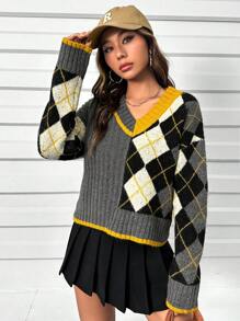 SHEIN Qutie Họa tiết Argyle Thả vai Áo len - Màu xám đen - Xem 1