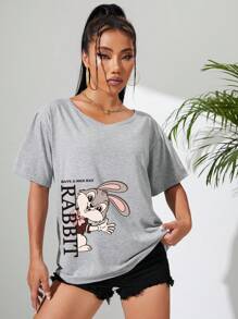 SHEIN Unity Đồ họa con thỏ & khẩu hiệu Off Shoulder Áo thun - Xám - Xem 4
