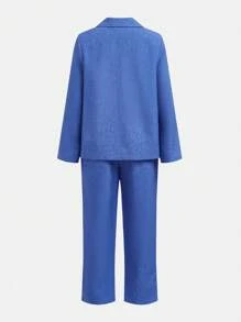 SHEIN Leap Crew 2pcs/Set Tween Boys' Loose-Fit Academy Style Shoulder-Padded Solid Color Woven Suit Jacket And Pants - Blue - View 2