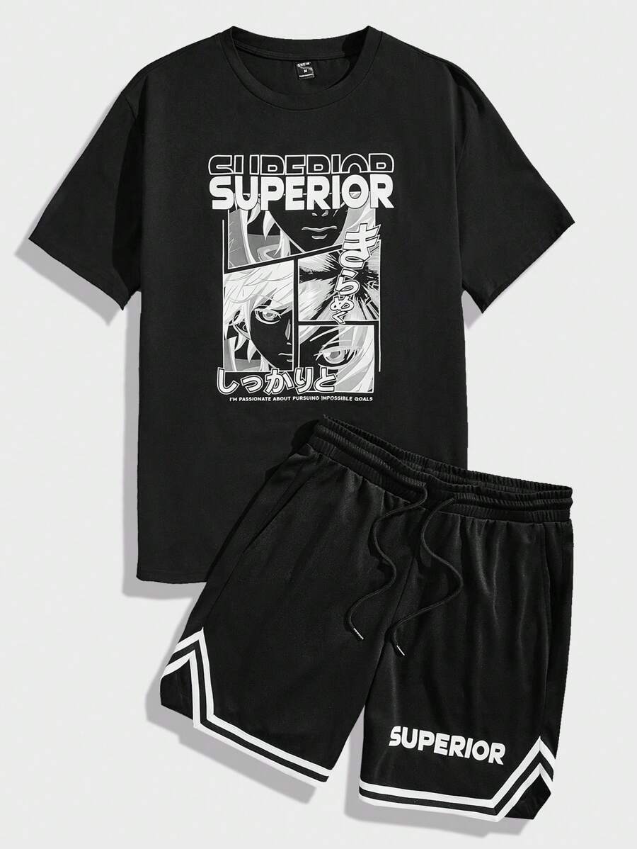 Manfinity RebelGame 宽松版型男式口号和图案 T 恤搭配抽绳腰短裤套装 - 黑色 - 查看 1