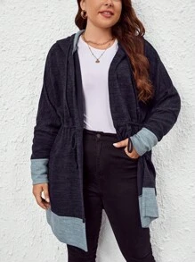 SHEIN LUNE 大碼雙色腰部抽繩連帽長款外套 - 彩色 - 查看 5