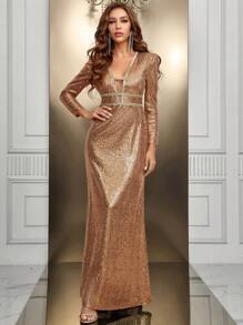 SHEIN Belle Vestido de vestir con lentejuela en contraste - Dorado - Ver 1