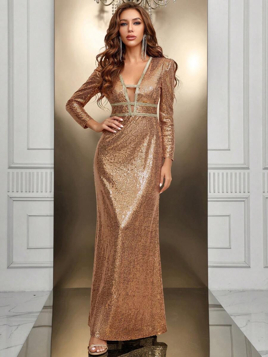 SHEIN Belle Vestido de vestir con lentejuela en contraste - Dorado - Ver 1