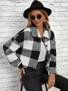 SHEIN LUNE Plaid Button Front Teddy Jacket - Black - View 3