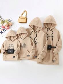 SHEIN 女小童字母刺繡袋鼠口袋連帽衛衣裙帶腰包 - 卡其色 - 查看 6