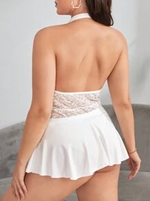 Plus Contrast Lace Cut Out Halter Maid Costume Dress & Thong - White - View 2